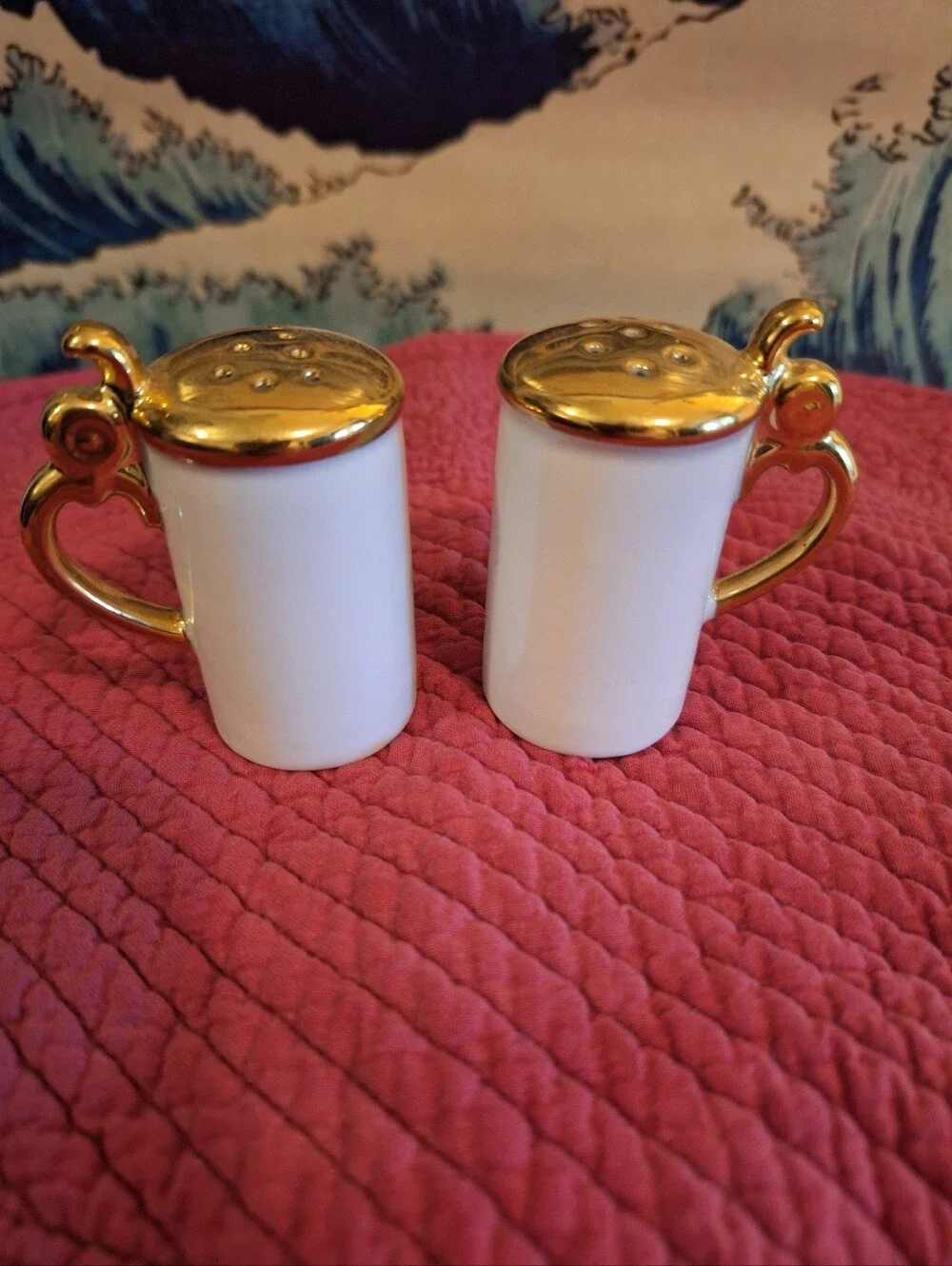 Source Unknown White Porcelain Mini Shaker Set with Gold Trim